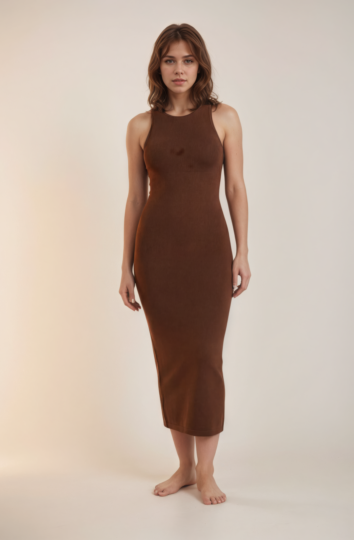 Skinzform Asymé Dress in Cacao, full-length front view - ribbed midi dress