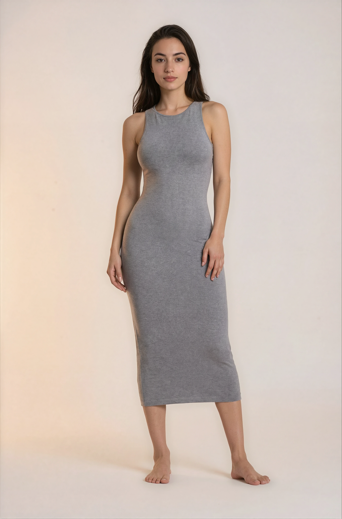 Skinzform Asymé Dress in Grey, angled full-length front view on the model