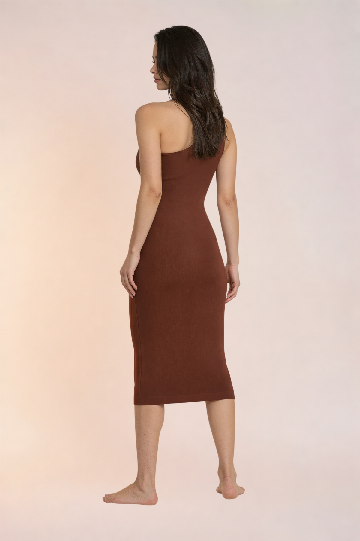 Skinzform Atelier Dress in Cacao, back view - one-shoulder cut and ribbed knit