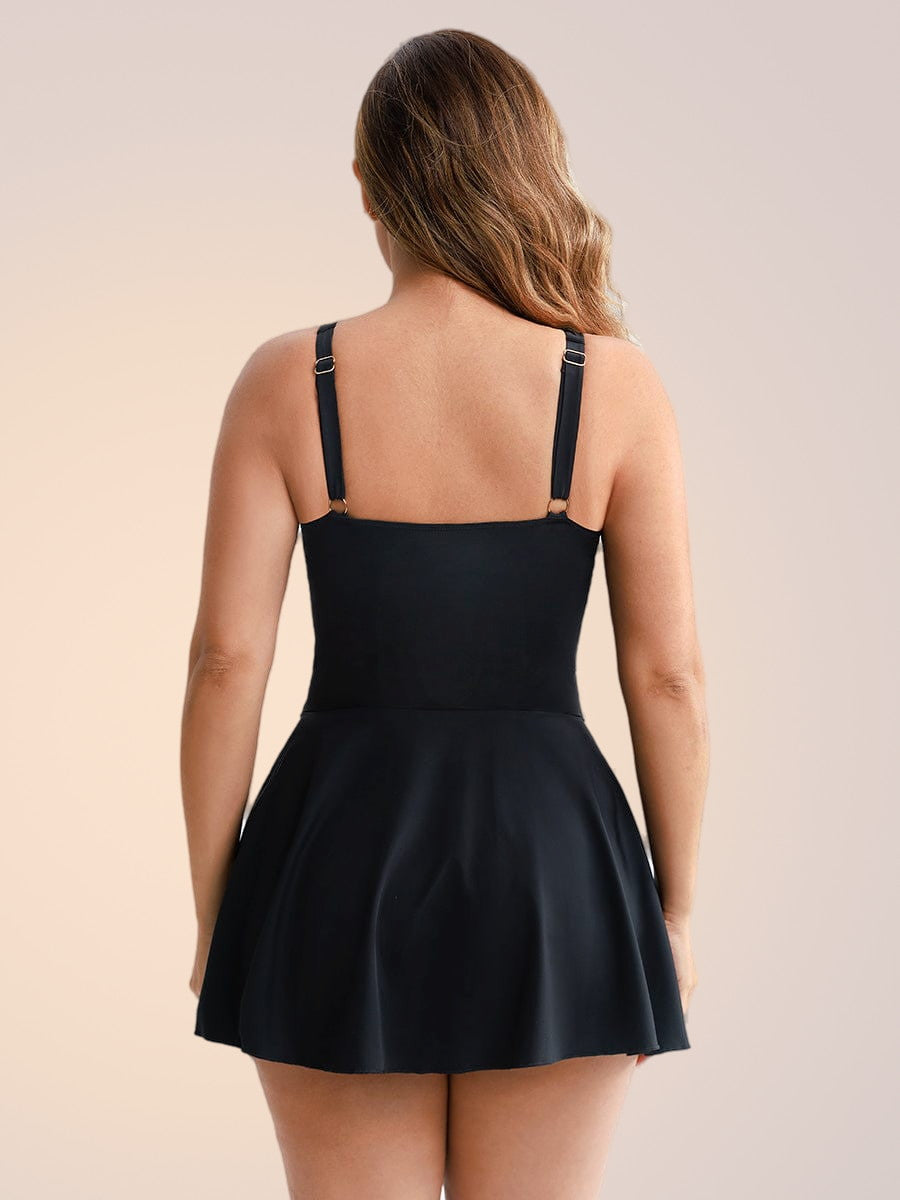 Skinzform Capri Swimsuit in Noir, back view - adjustable straps and flared skirt