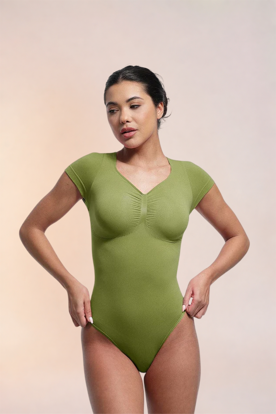 Skinzform Contour Bodysuit in Olive - cap-sleeve thong bodysuit, full-length view on the model