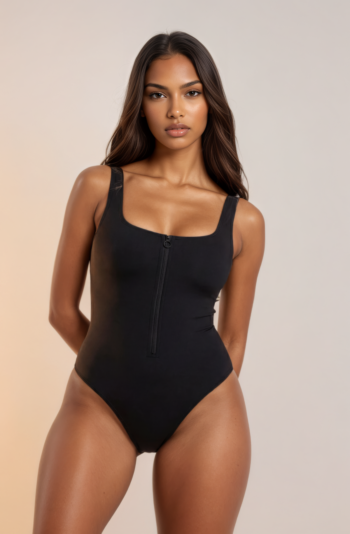 Skinzform Côte Swimsuit in Noir - zip-front square-neck swimsuit, half-length front view