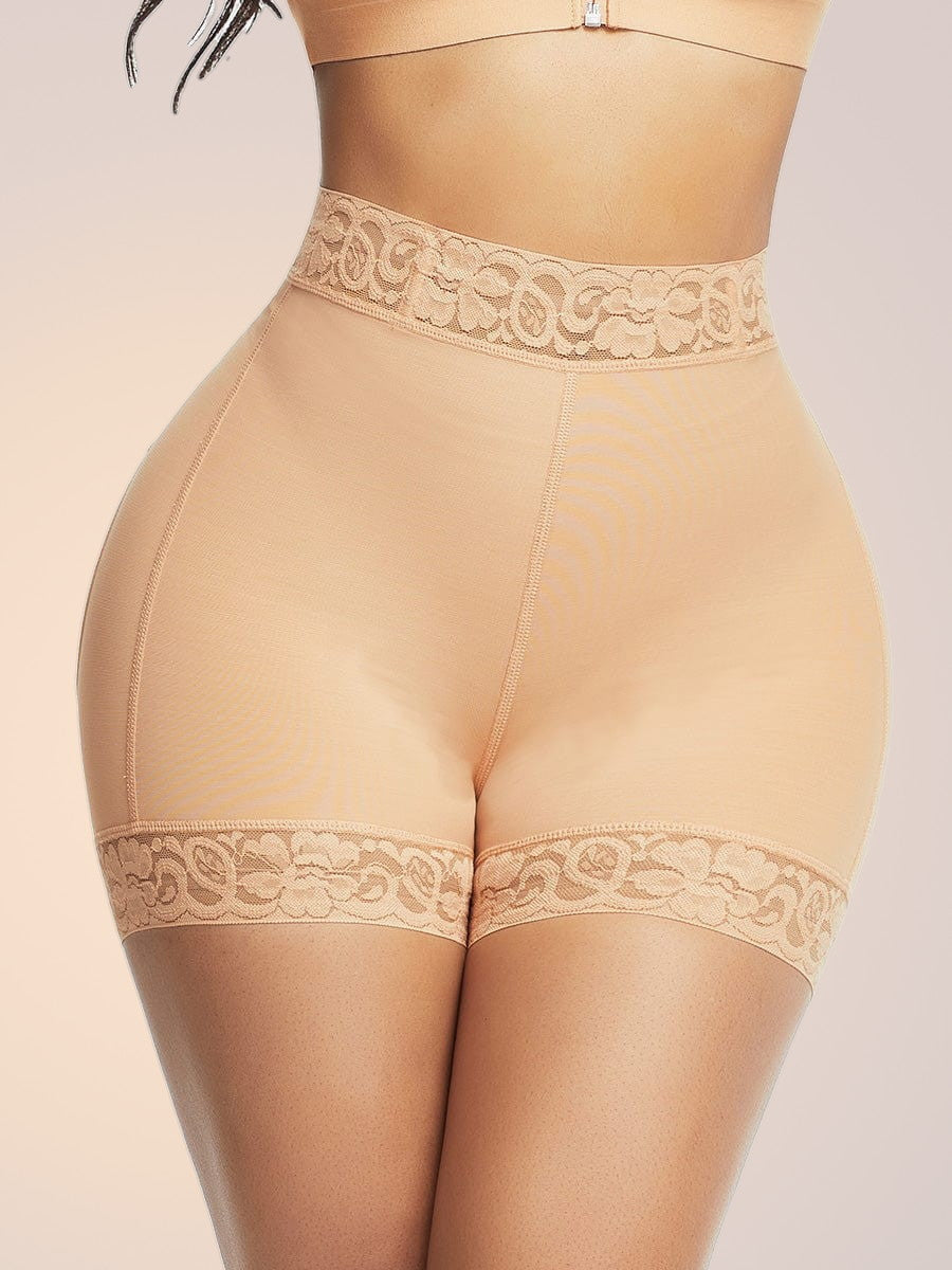 Skinzform Curve Brief in Nude, front view - high lace waistband on shaping shorts