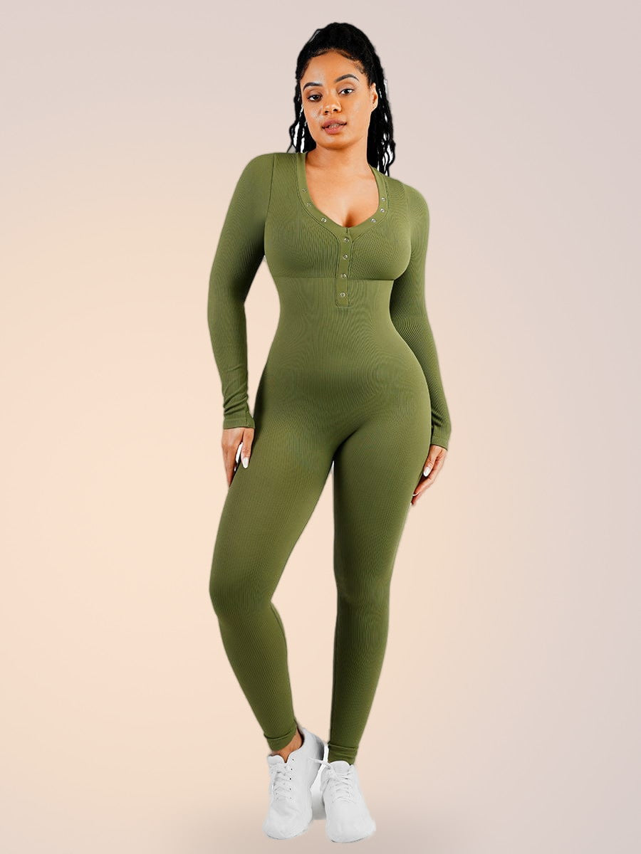 Skinzform Deep V Jumpsuit in Sage - long-sleeve jumpsuit with button placket, front view
