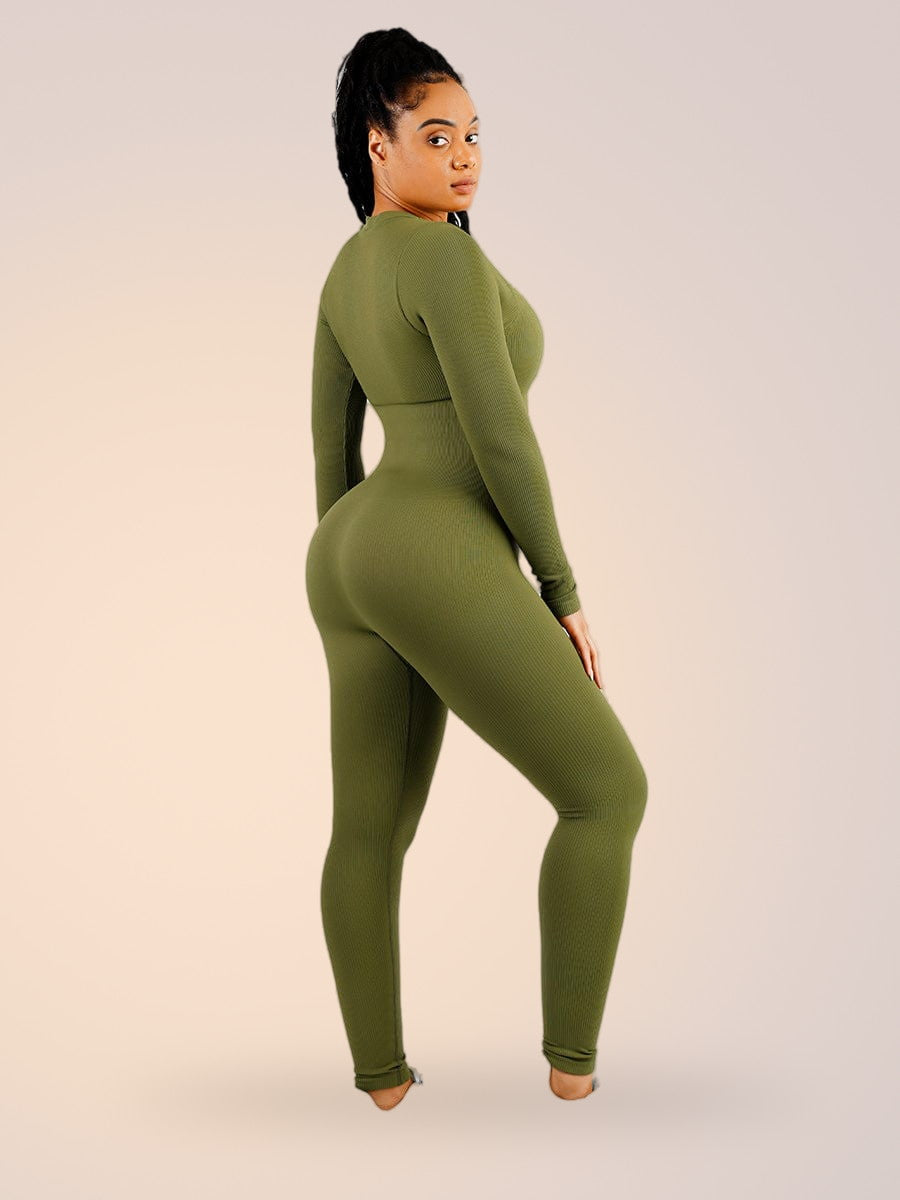 Skinzform Deep V Jumpsuit in Sage - long-sleeve jumpsuit with button placket, front view