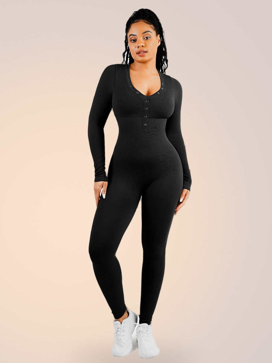 Skinzform Deep V Jumpsuit in Noir, front view on the model