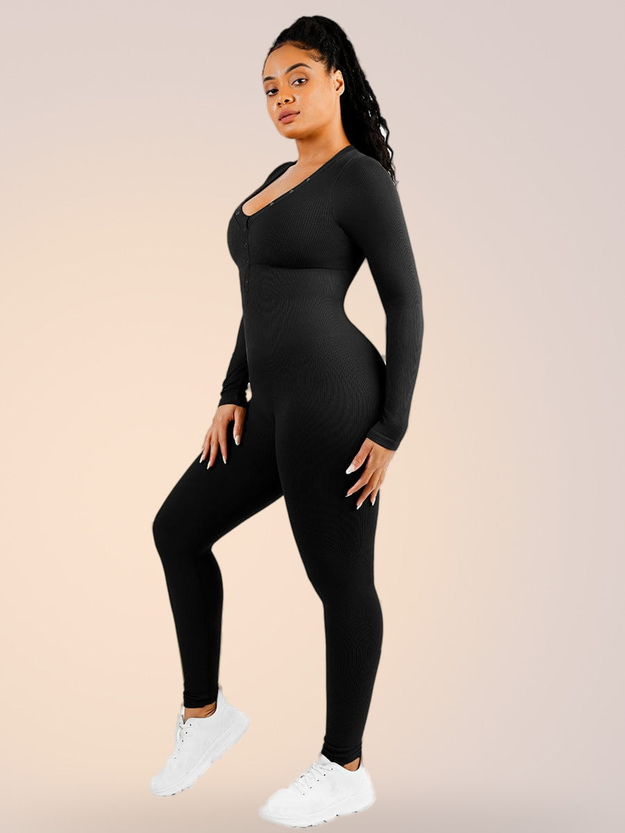 Skinzform Deep V Jumpsuit in Noir, side view on the model