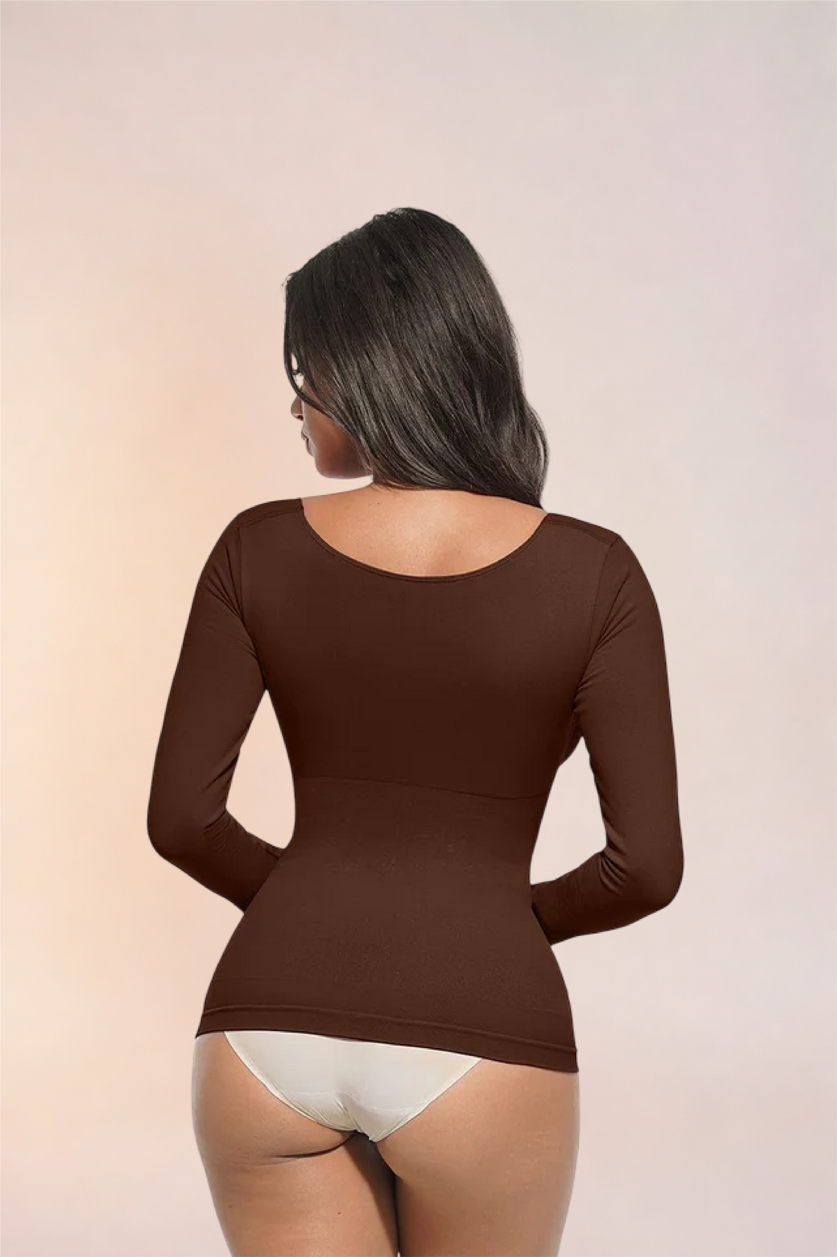 Skinzform Diamant Top in Cacao, back view - scoop back and long sleeves