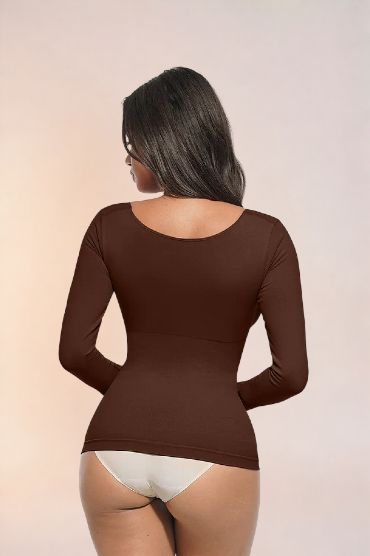Skinzform Diamant Top in Cacao, angled back view on the model