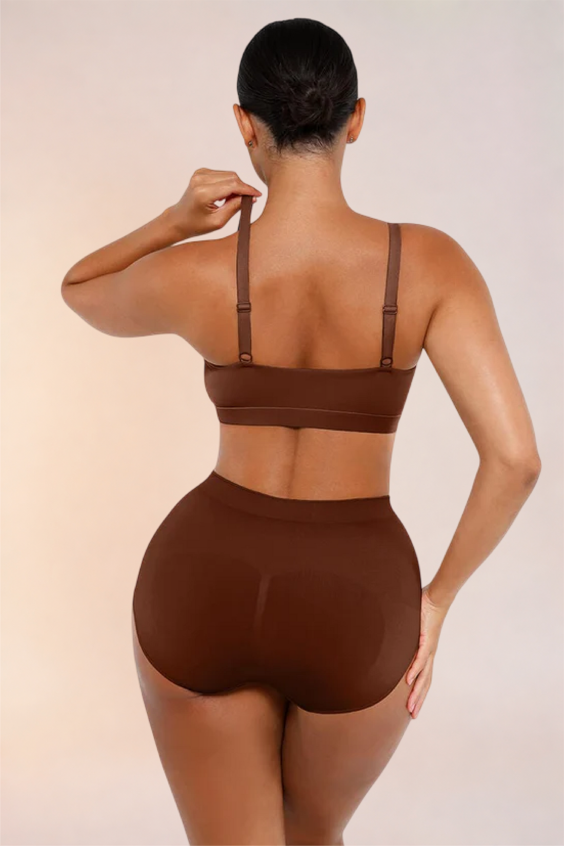 Skinzform Doux Bralette in Cacao - square-neck bralette worn with matching high-waist briefs, front view
