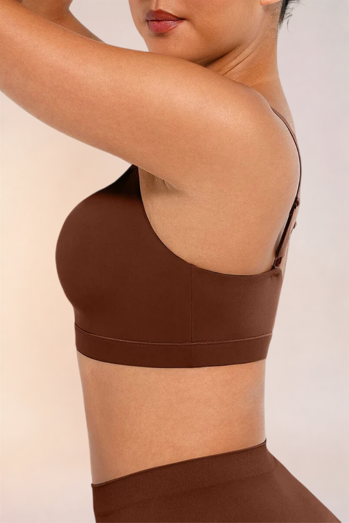 Close-up of the side seam and underarm on the Skinzform Doux Bralette in Cacao