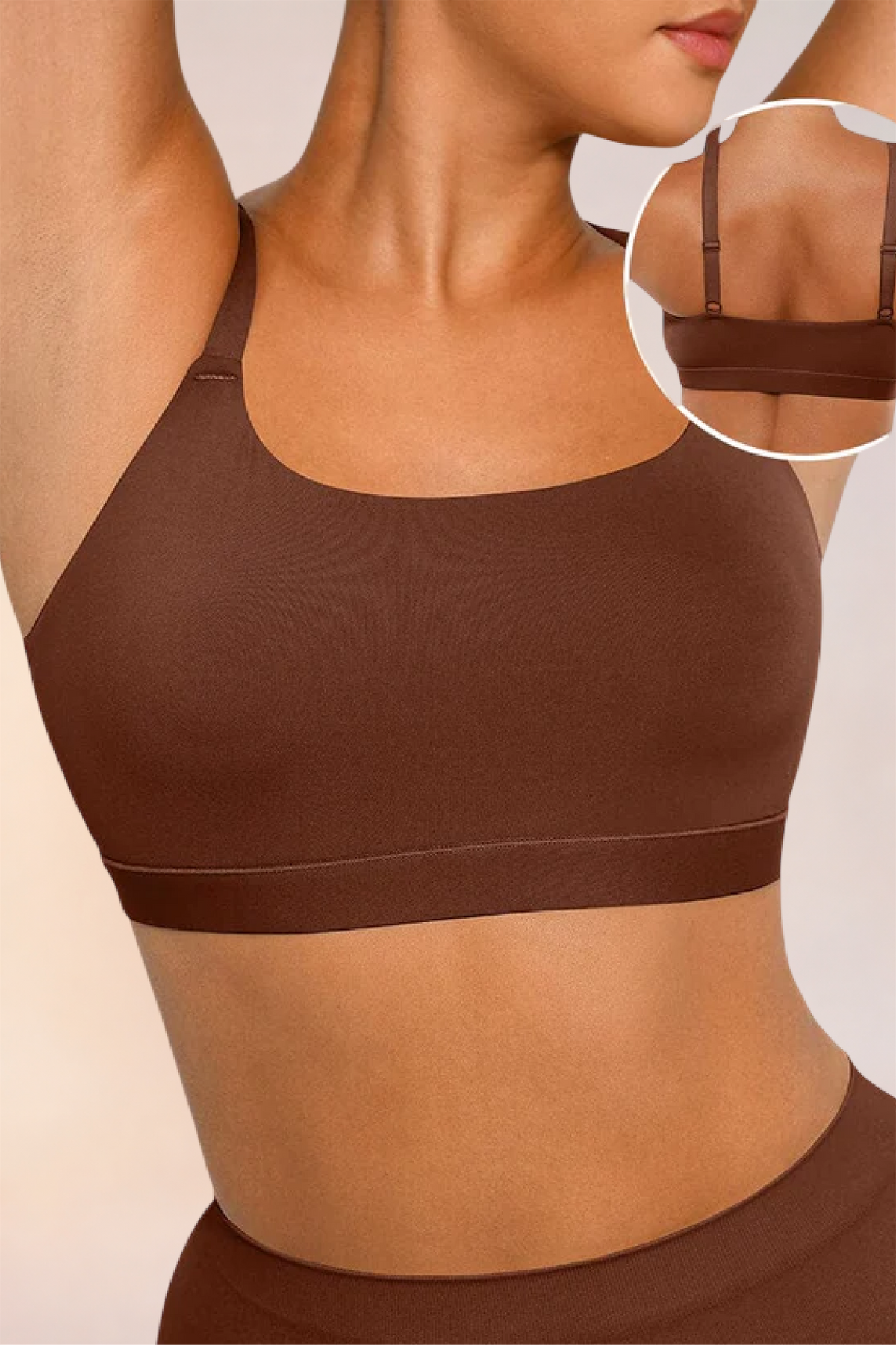 Skinzform Doux Bralette in Cacao, front view with an inset detail of the back