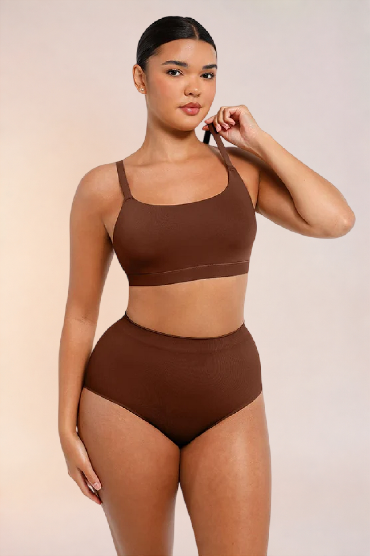 Skinzform Doux Bralette in Cacao - square-neck bralette worn with matching high-waist briefs, front view