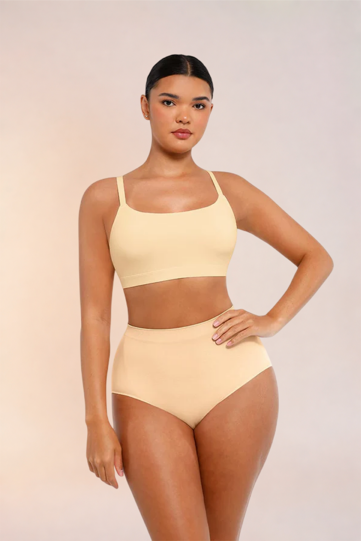 Skinzform Doux Bralette in Nude - square-neck bralette worn with matching high-waist briefs, front view