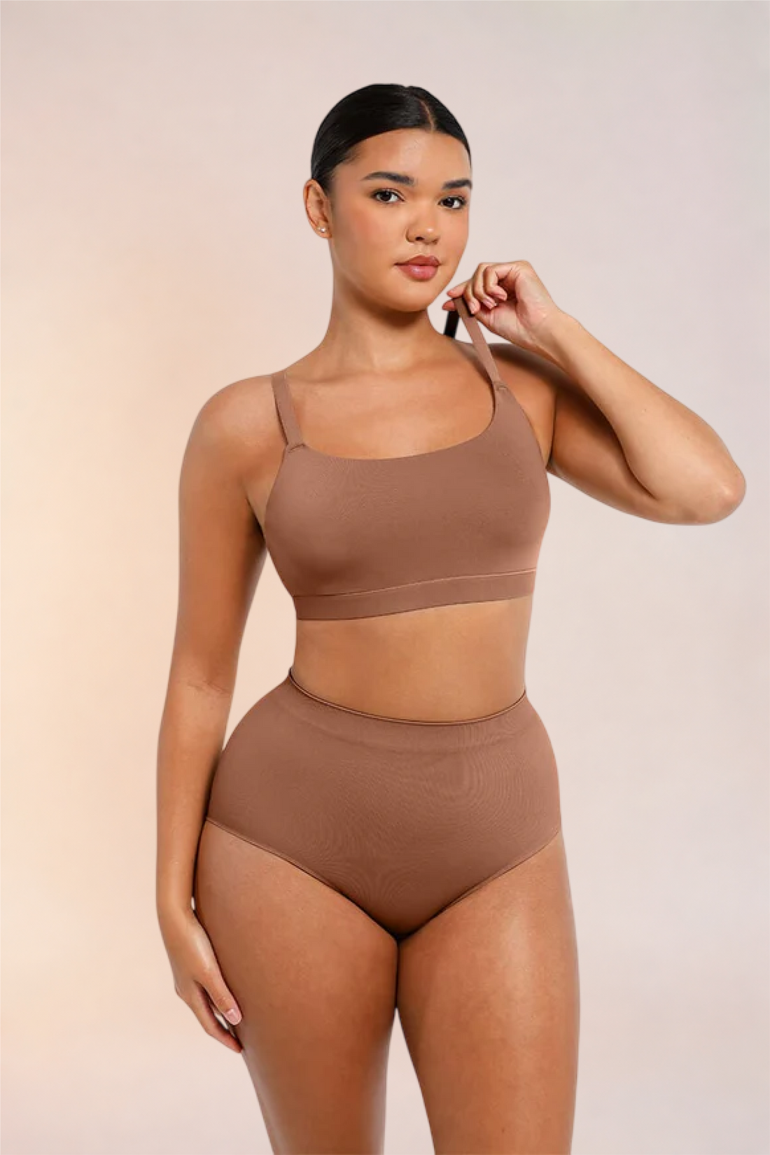 Skinzform Doux Bralette in Cacao - square-neck bralette worn with matching high-waist briefs, front view