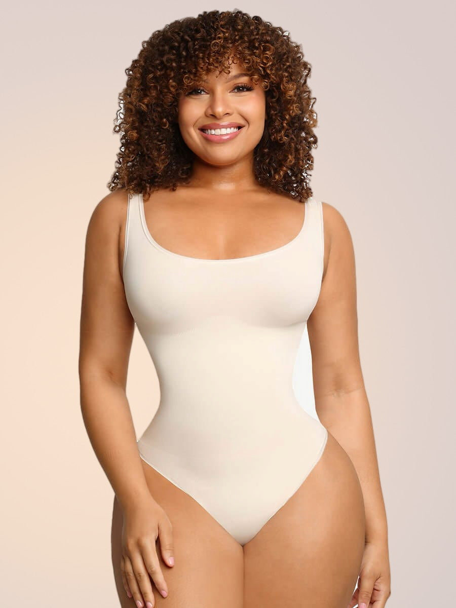 Skinzform Éco Bodysuit in Nude - scoop-neck thong bodysuit with wide straps, front view