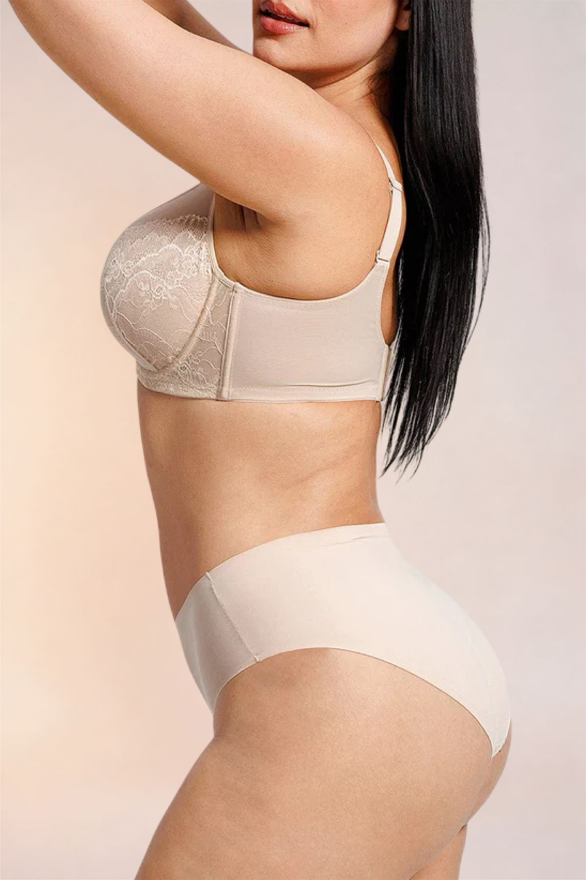 Skinzform Élégance Bra in Nude worn with matching briefs, side view