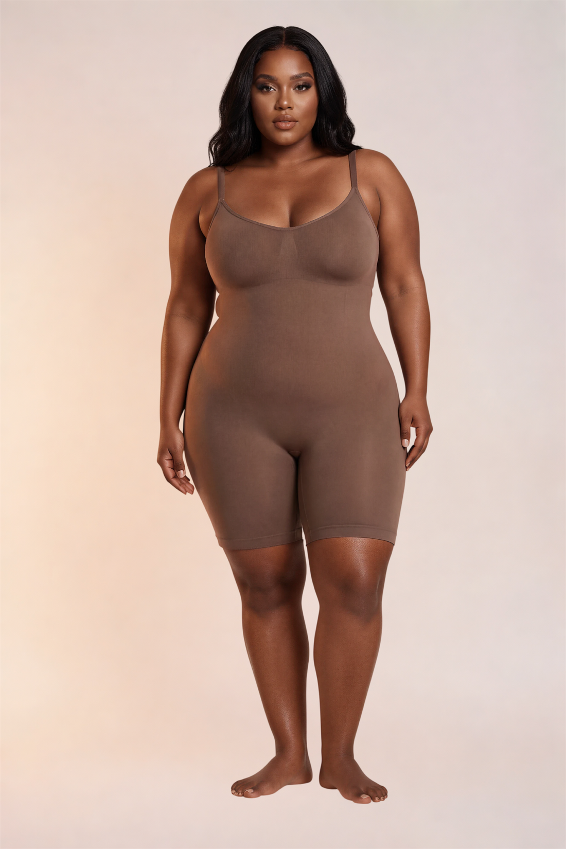 Skinzform Plus Size Full Body Shaper in Cacao - scoop-neck shaping bodysuit with mid-thigh shorts, front view
