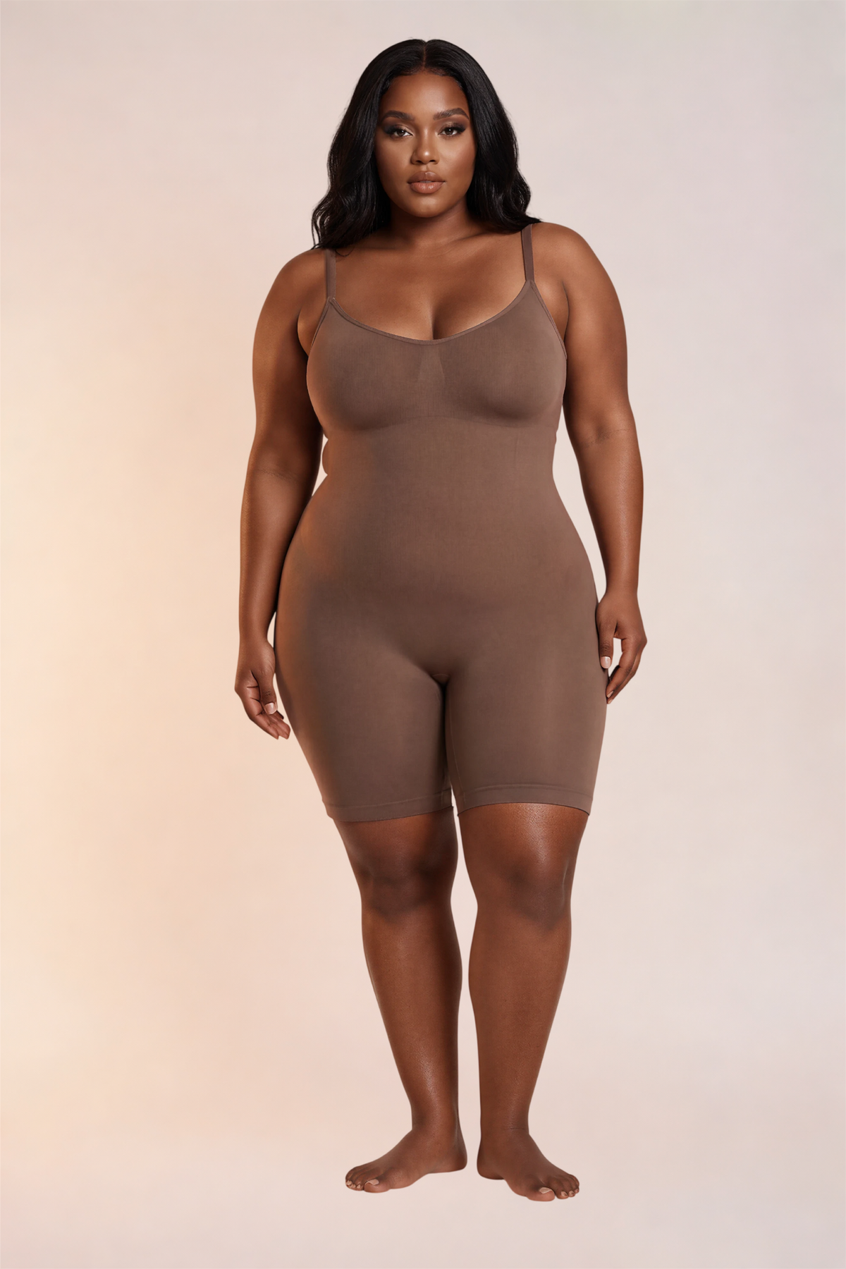 Skinzform Plus Size Full Body Shaper in Cacao - scoop-neck shaping bodysuit with mid-thigh shorts, front view