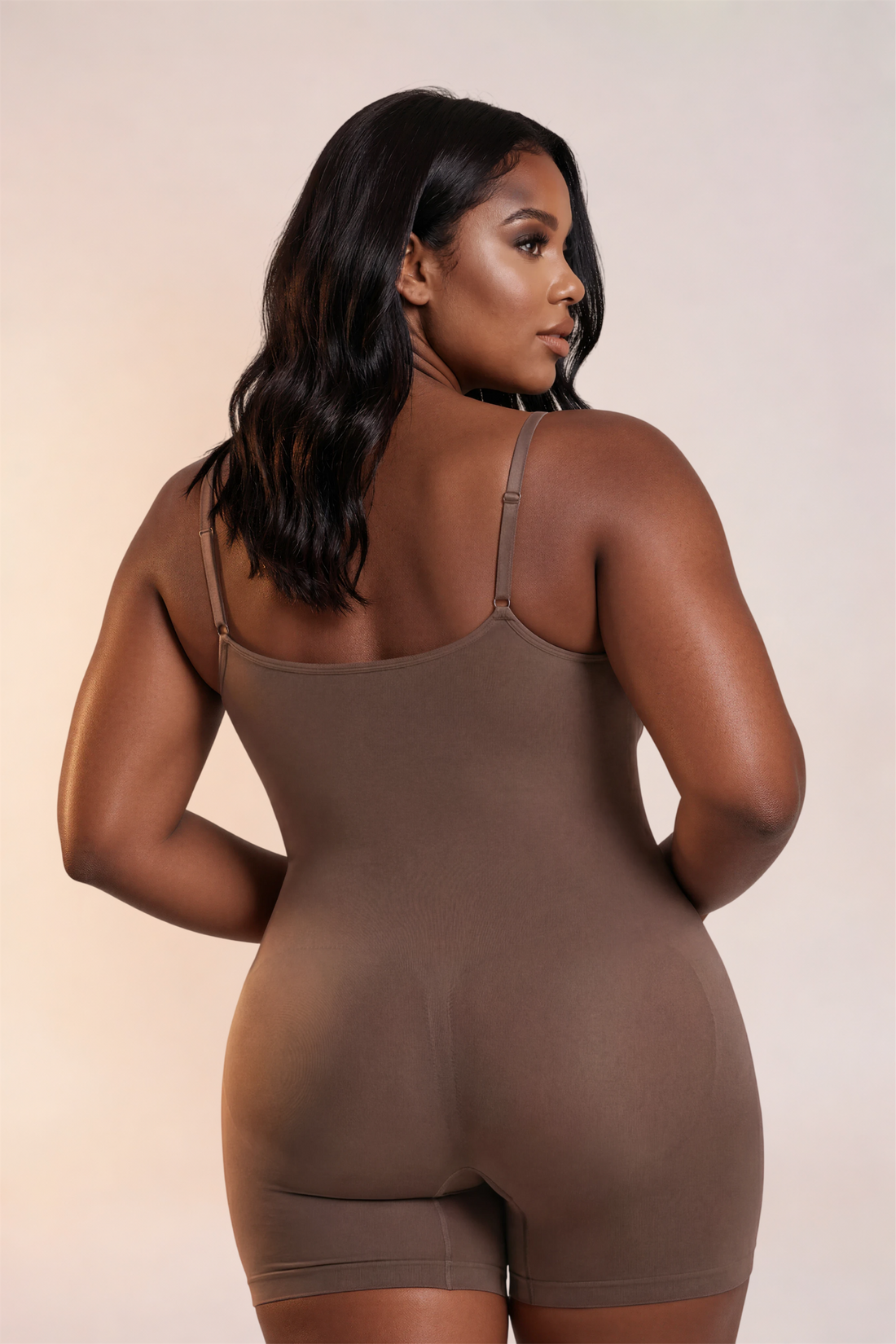 Skinzform Plus Size Full Body Shaper in Cacao - scoop-neck shaping bodysuit with mid-thigh shorts, front view