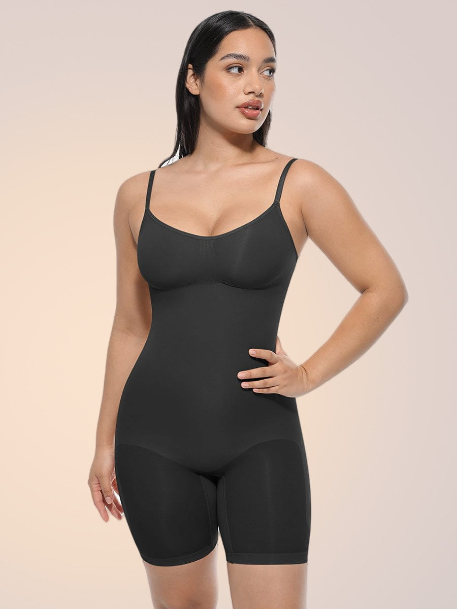 Skinzform Plus Size Full Body Shaper in Noir - mid-thigh shaper with adjustable straps, front view