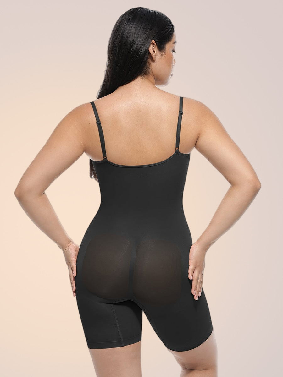 Skinzform Plus Size Full Body Shaper in Noir, back view - sheer mesh panel across the rear