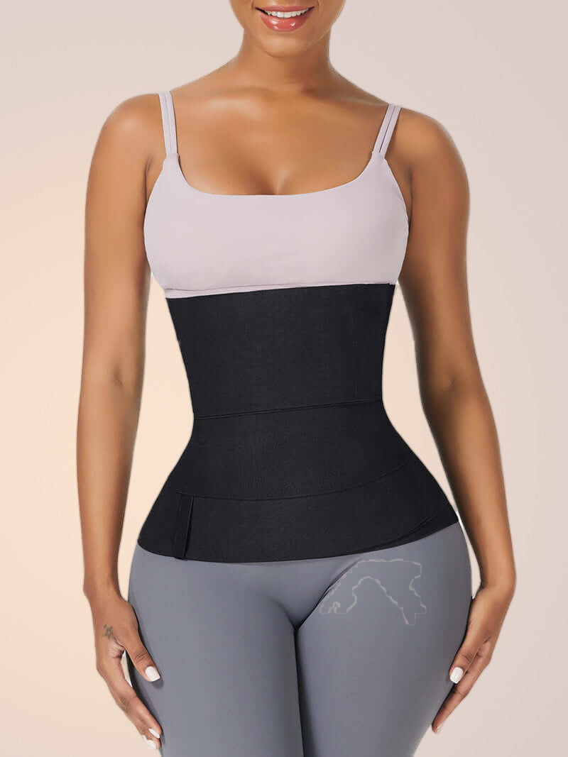 Skinzform Latex Wrap in Noir - wrapped waist band worn over leggings, front view