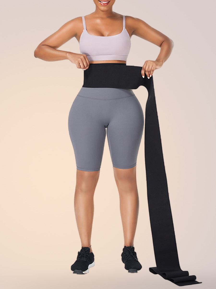 Skinzform Latex Wrap in Noir - wrapped waist band worn over leggings, front view