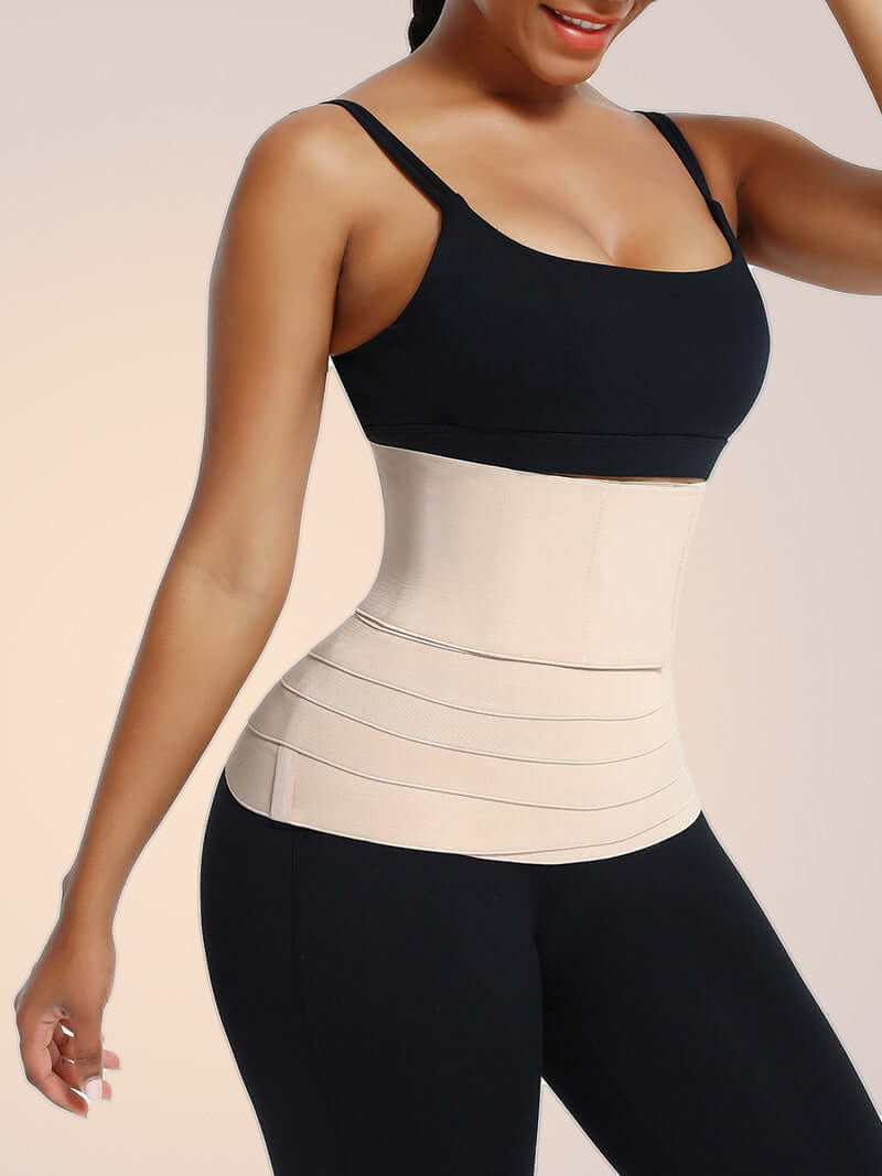 Skinzform Latex Wrap in Nude worn over leggings, side view on the model