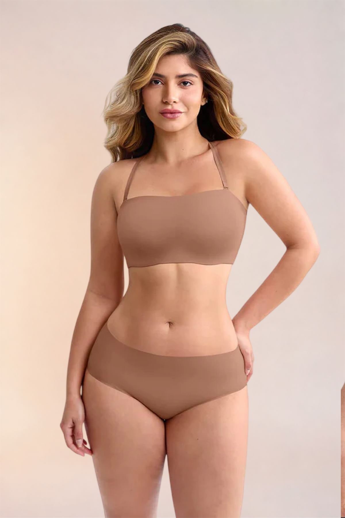 Skinzform Libre Bandeau in Latte - strapless bandeau worn with matching briefs, front view