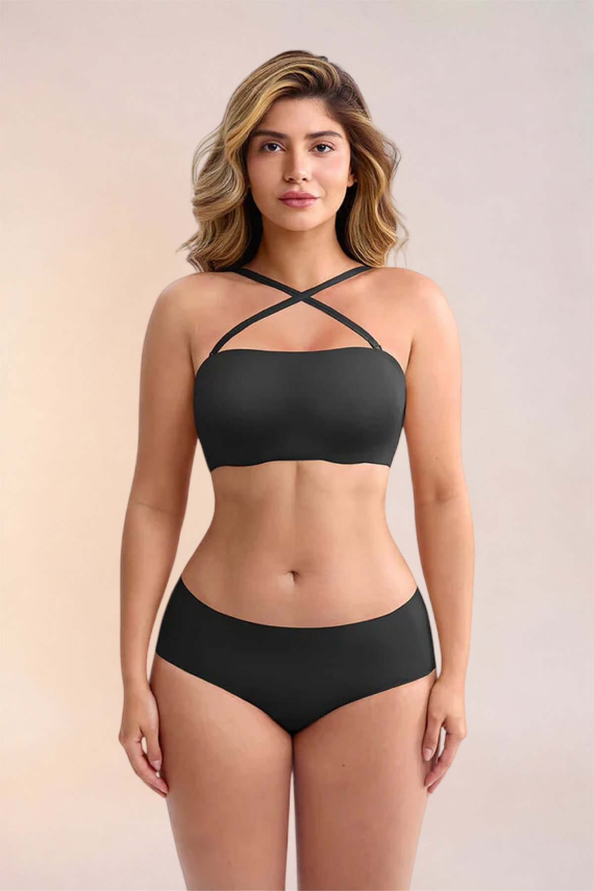 Skinzform Libre Bandeau in Noir, front view with the straps worn crossed at the front