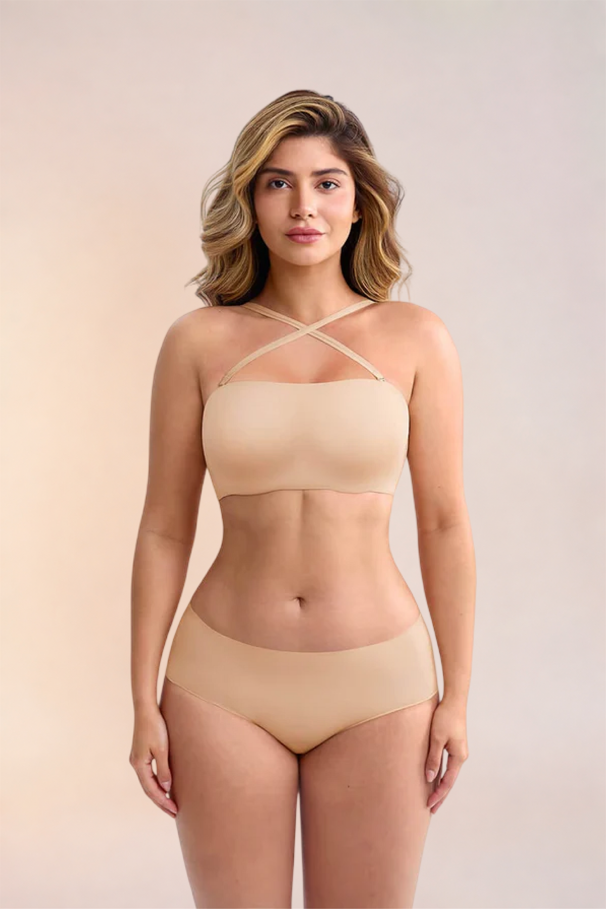 Skinzform Libre Bandeau in Nude, front view with the straps worn crossed at the front