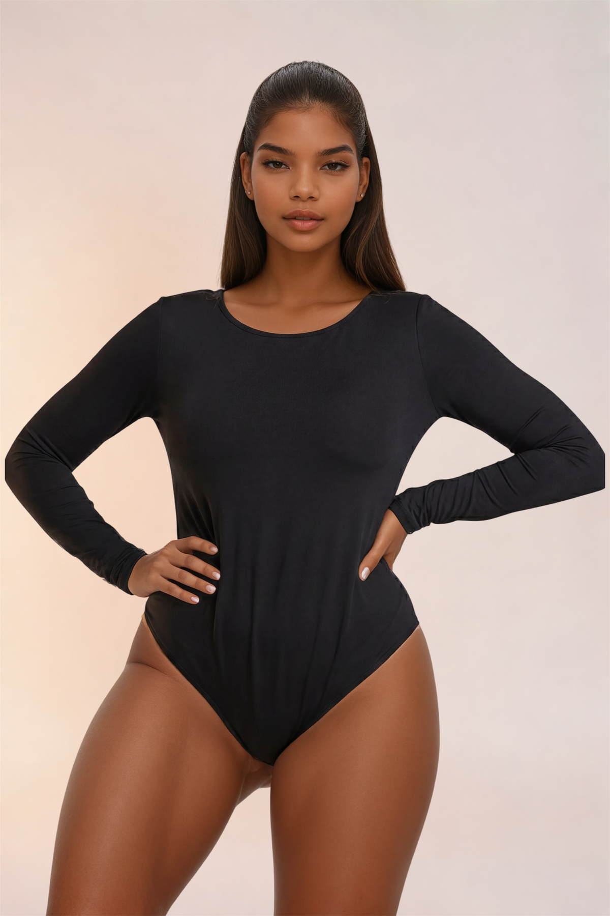 Skinzform Luxe Bodysuit in Noir - long-sleeve scoop-neck bodysuit, half-length front view