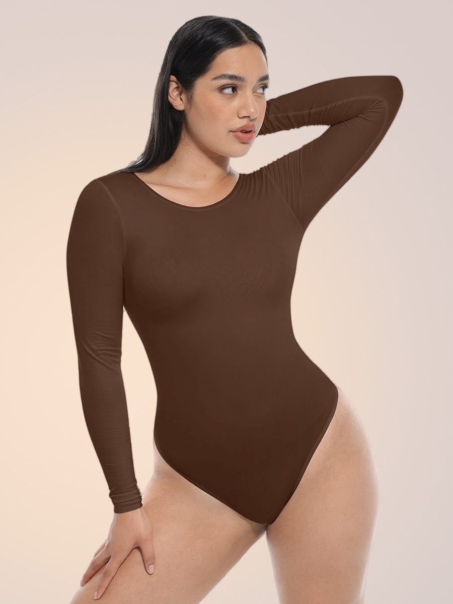 Skinzform Luxe Bodysuit in Cacao - long-sleeve bodysuit with round neckline, front view