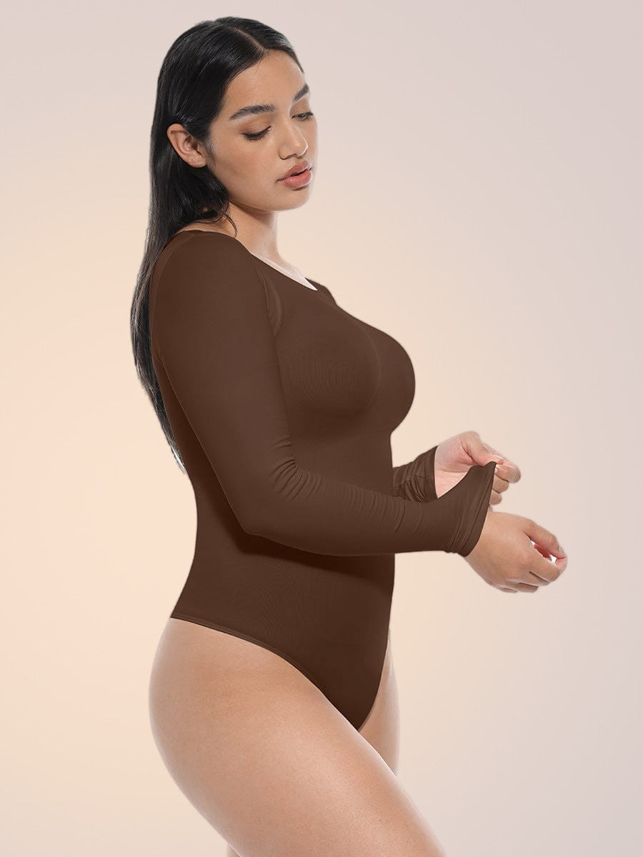 Skinzform Luxe Bodysuit in Cacao, angled side view - sculpted fit through waist and hip