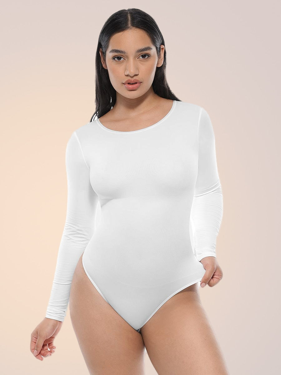 Skinzform Luxe Bodysuit in Blanc - long-sleeve bodysuit with round neckline, front view