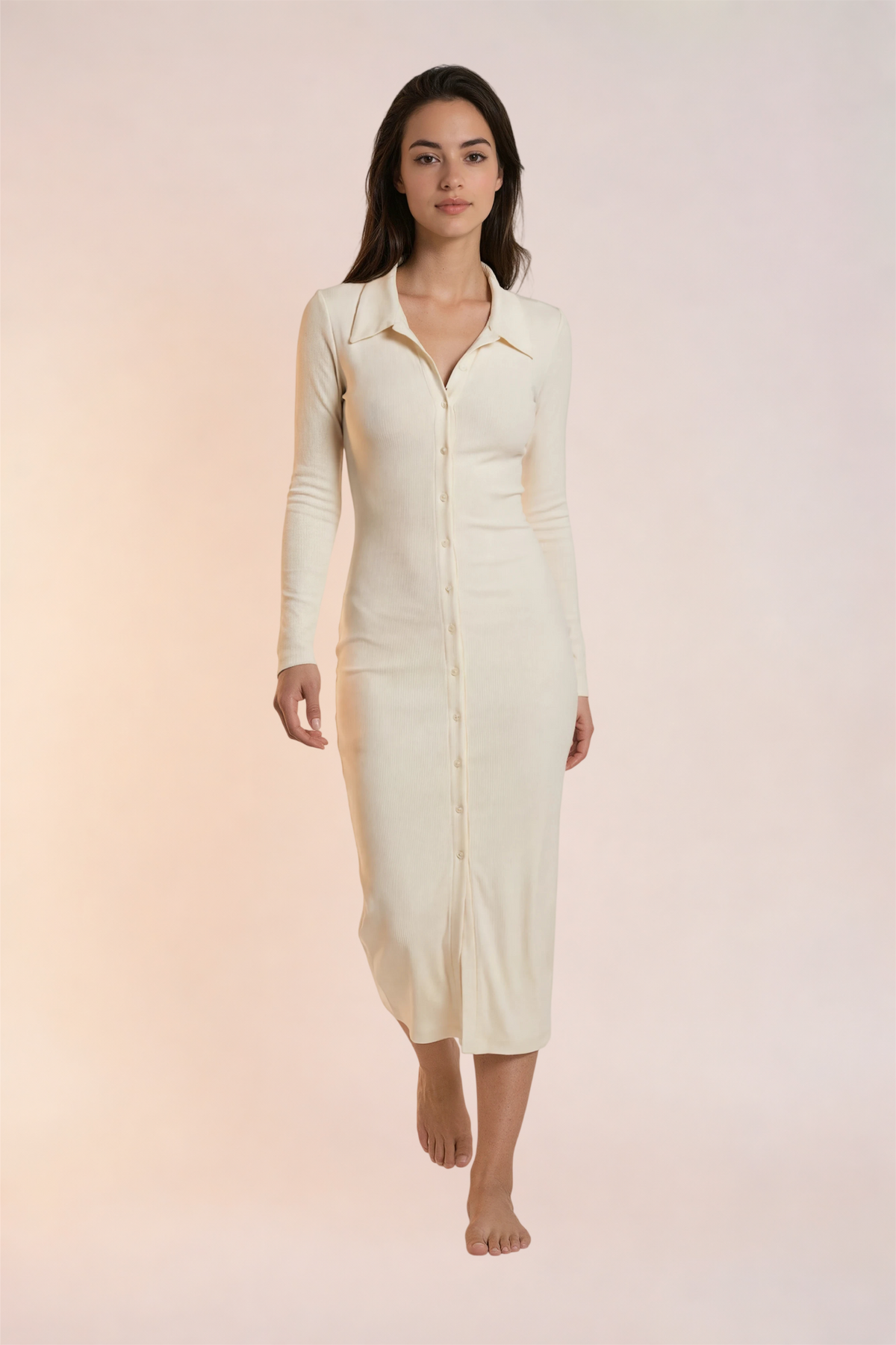 Skinzform Lumière Dress in Cream, full-length front view on the model