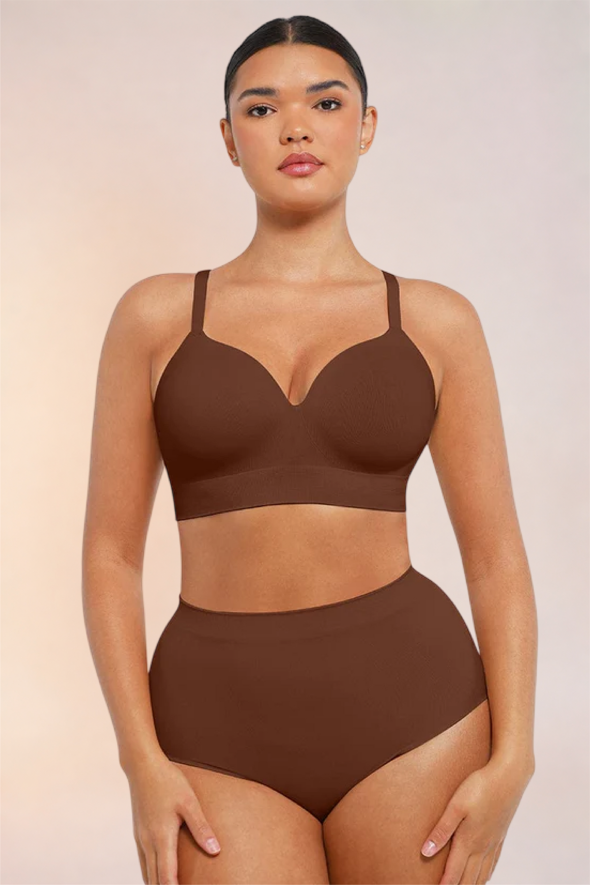 Skinzform Nuage Bra in Cacao worn with matching high-waist briefs, front view