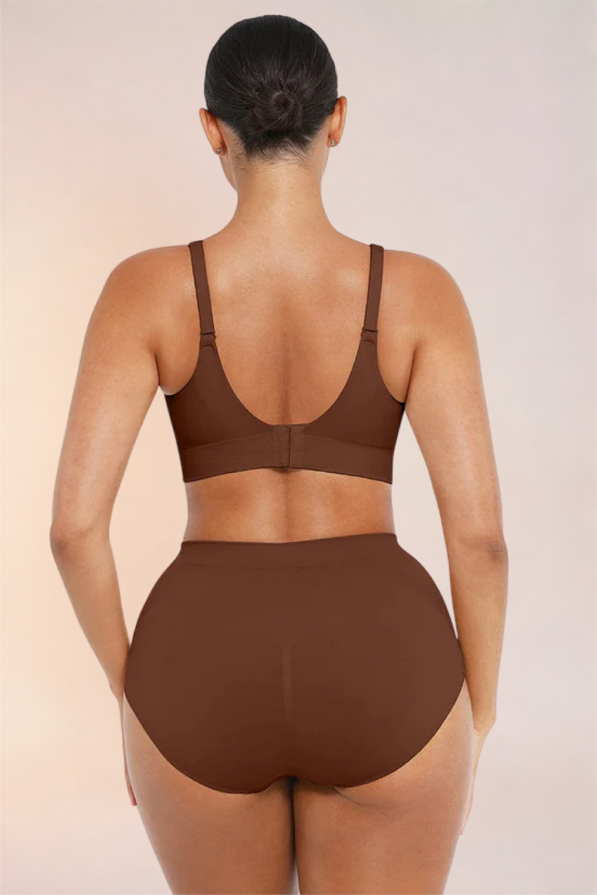 Skinzform Nuage Bra in Cacao worn with matching briefs, back view