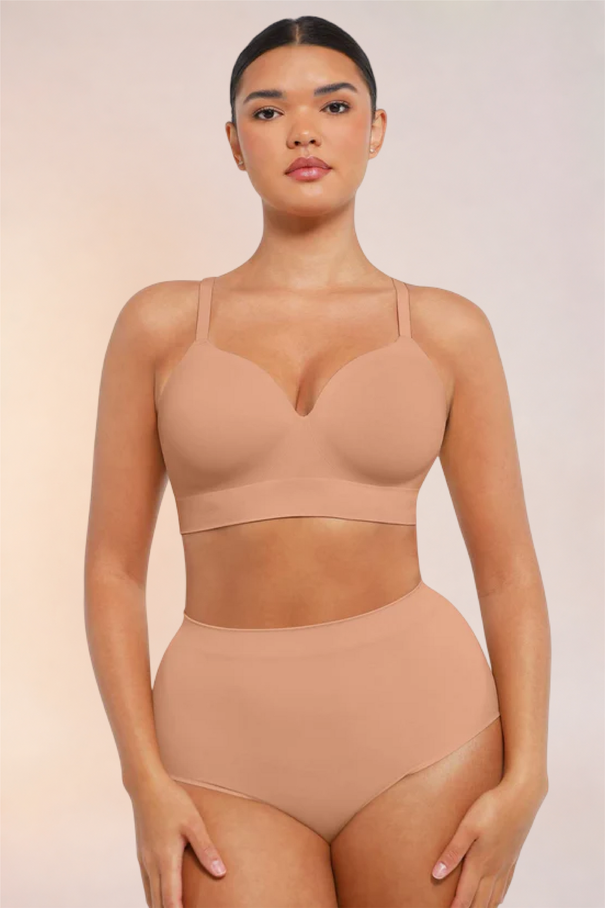 Skinzform Nuage Bra in Dark Skin worn with matching high-waist briefs, front view