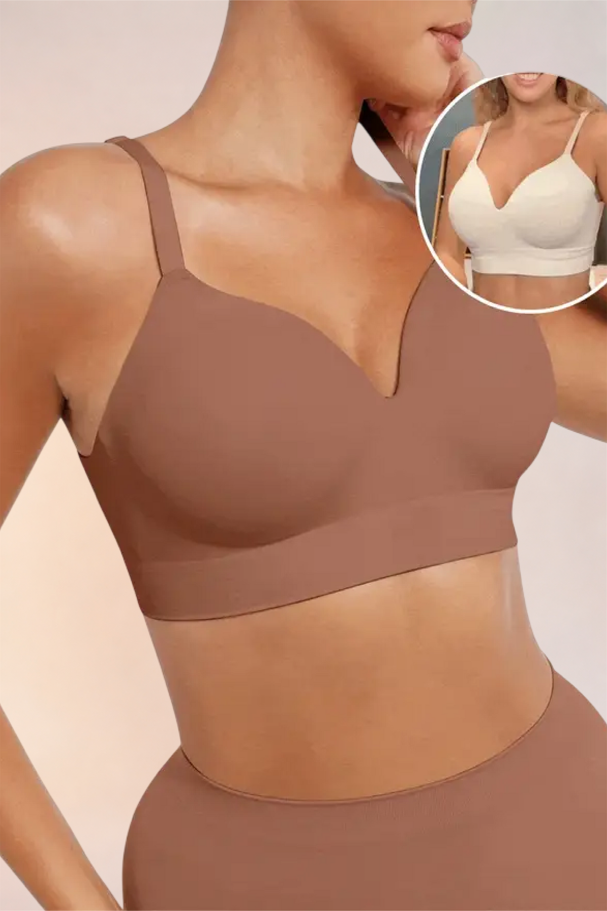 Skinzform Nuage Bra in Latte, front view with an inset detail of a second colour
