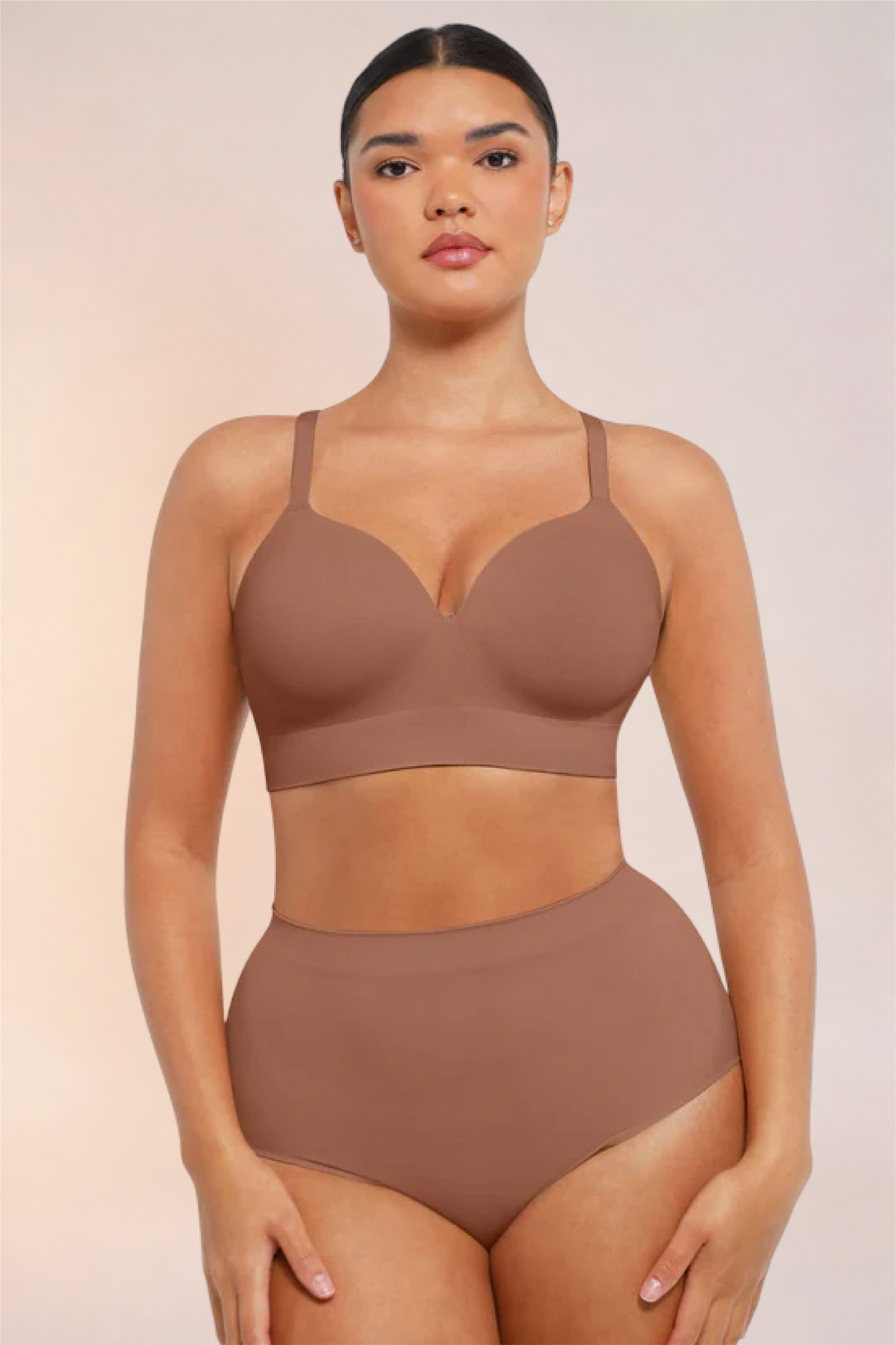 Skinzform Nuage Bra in Latte worn with matching high-waist briefs, front view