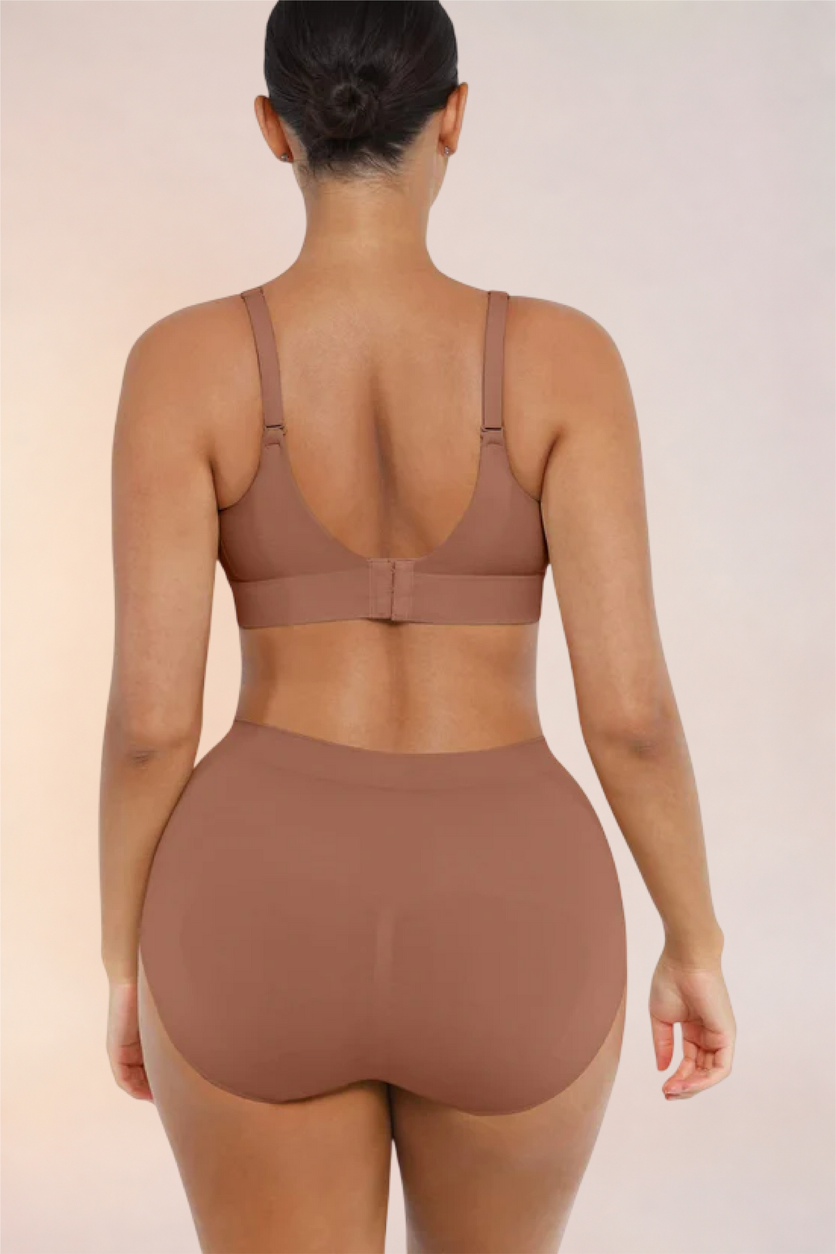 Skinzform Nuage Bra in Latte worn with matching briefs, back view
