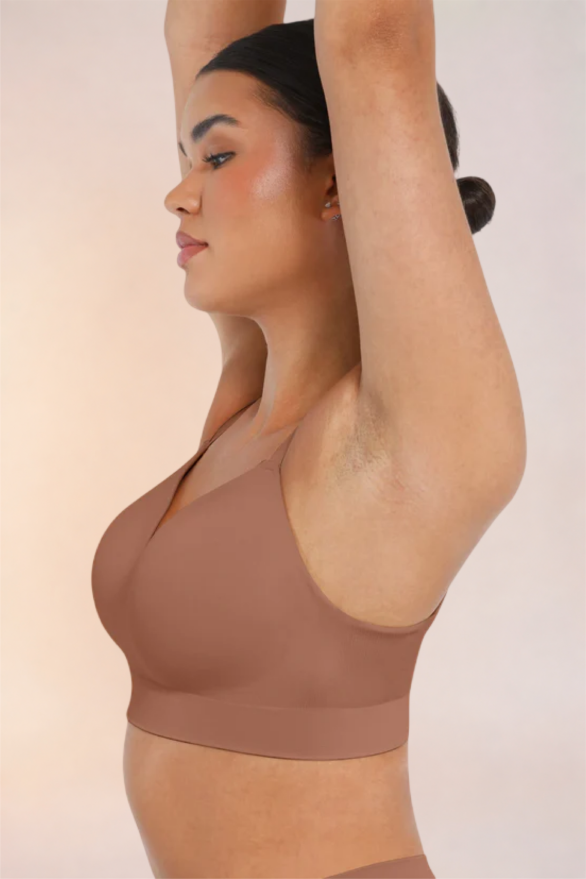 Skinzform Nuage Bra in Latte - side view with one arm raised