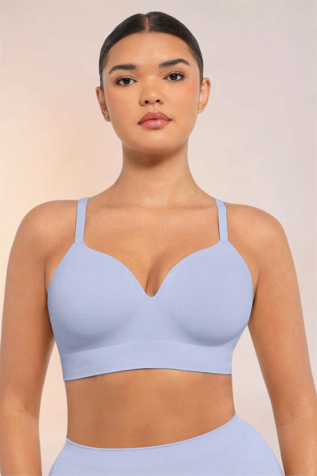 Skinzform Nuage Bra in Lavender worn with matching high-waist briefs, front view