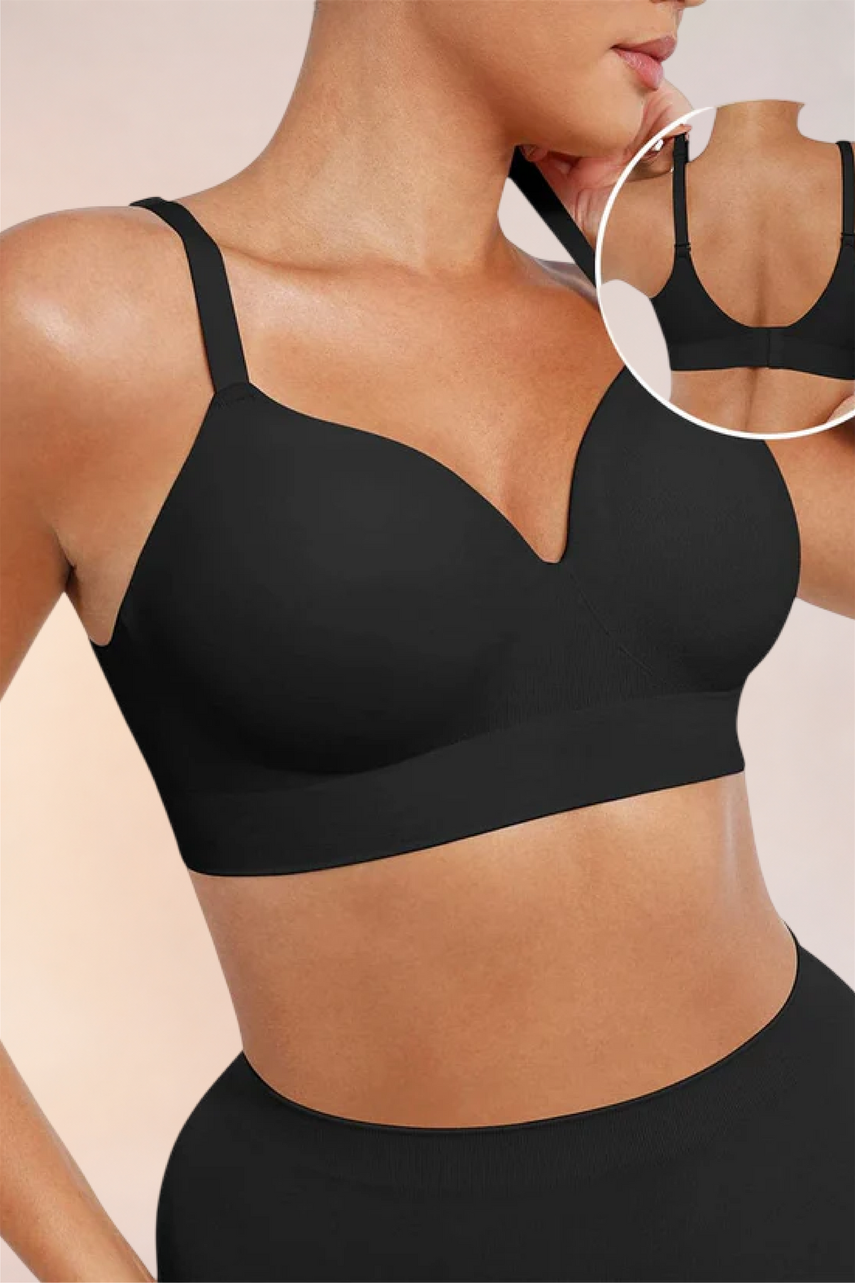 Skinzform Nuage Bra in Noir, front view with an inset detail of a second colour