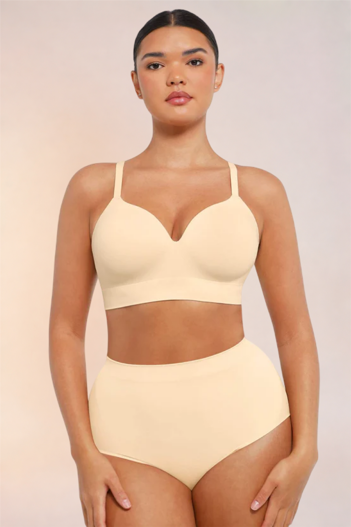 Skinzform Nuage Bra in Nude worn with matching high-waist briefs, front view