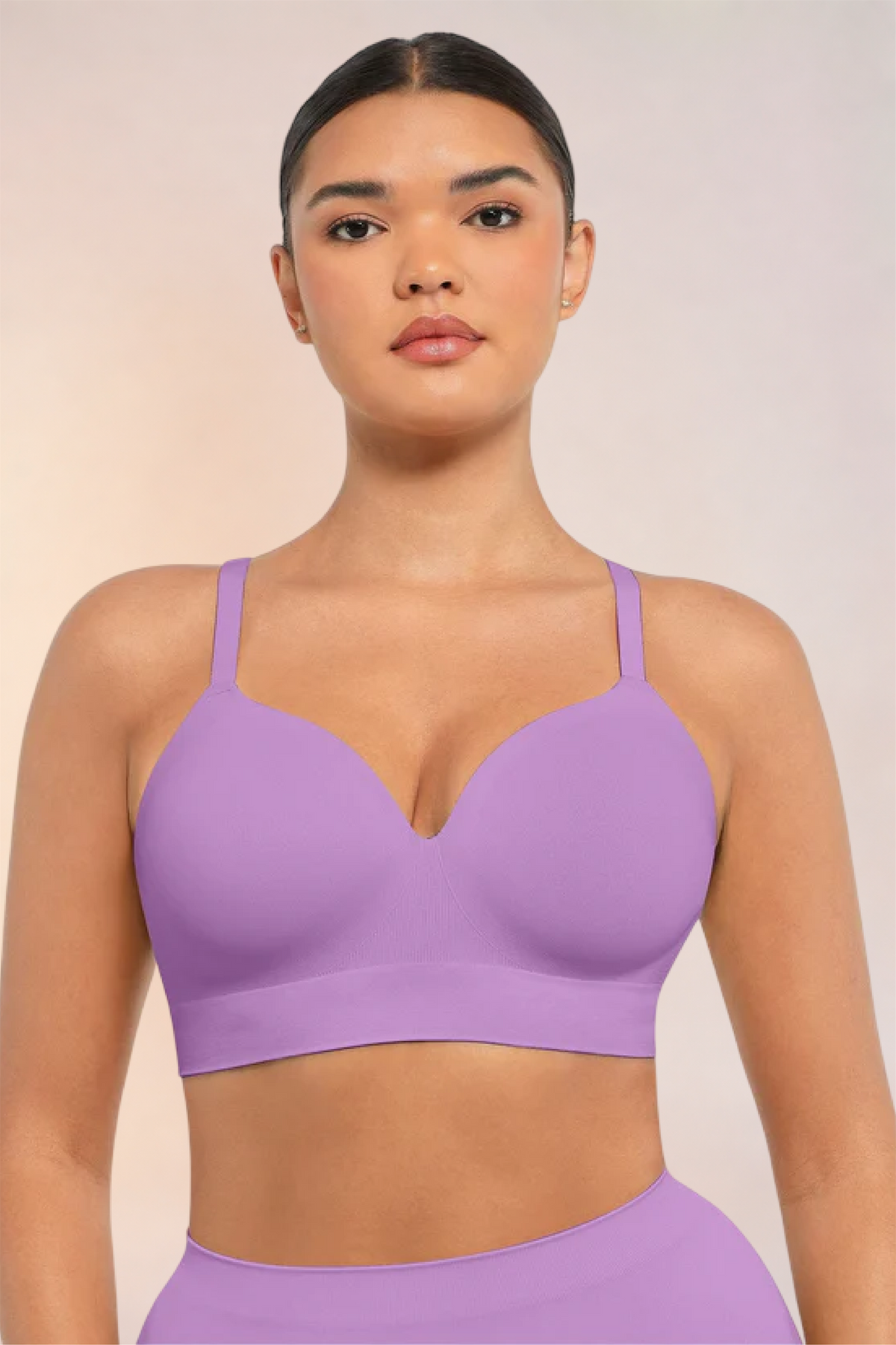 Skinzform Nuage Bra in Purple - wireless bra with V-notch centre, front view on the model