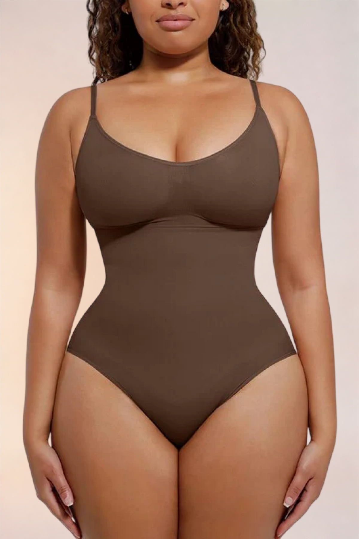 Skinzform Core Brief in Cacao - scoop-neck thong bodysuit, front view on the model