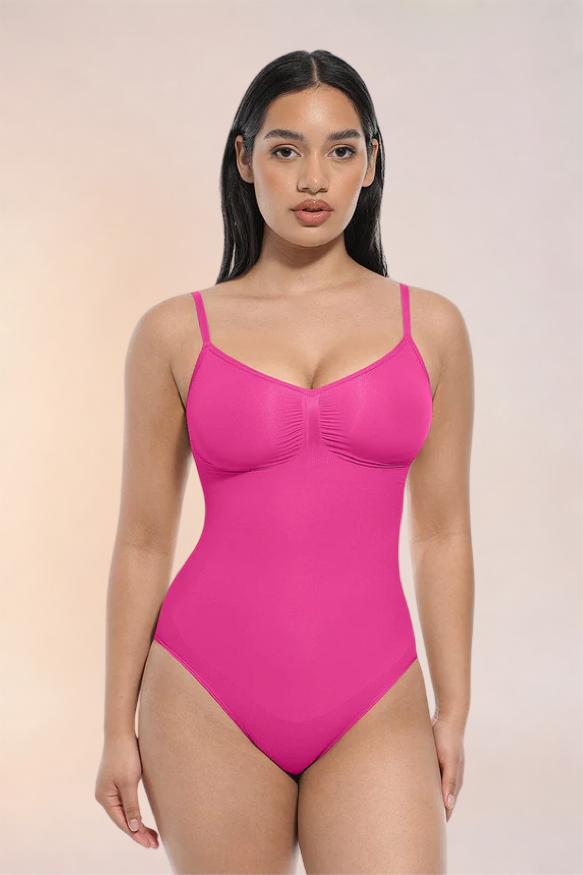 Skinzform Core Brief in Rose - scoop-neck thong bodysuit, front view on the model